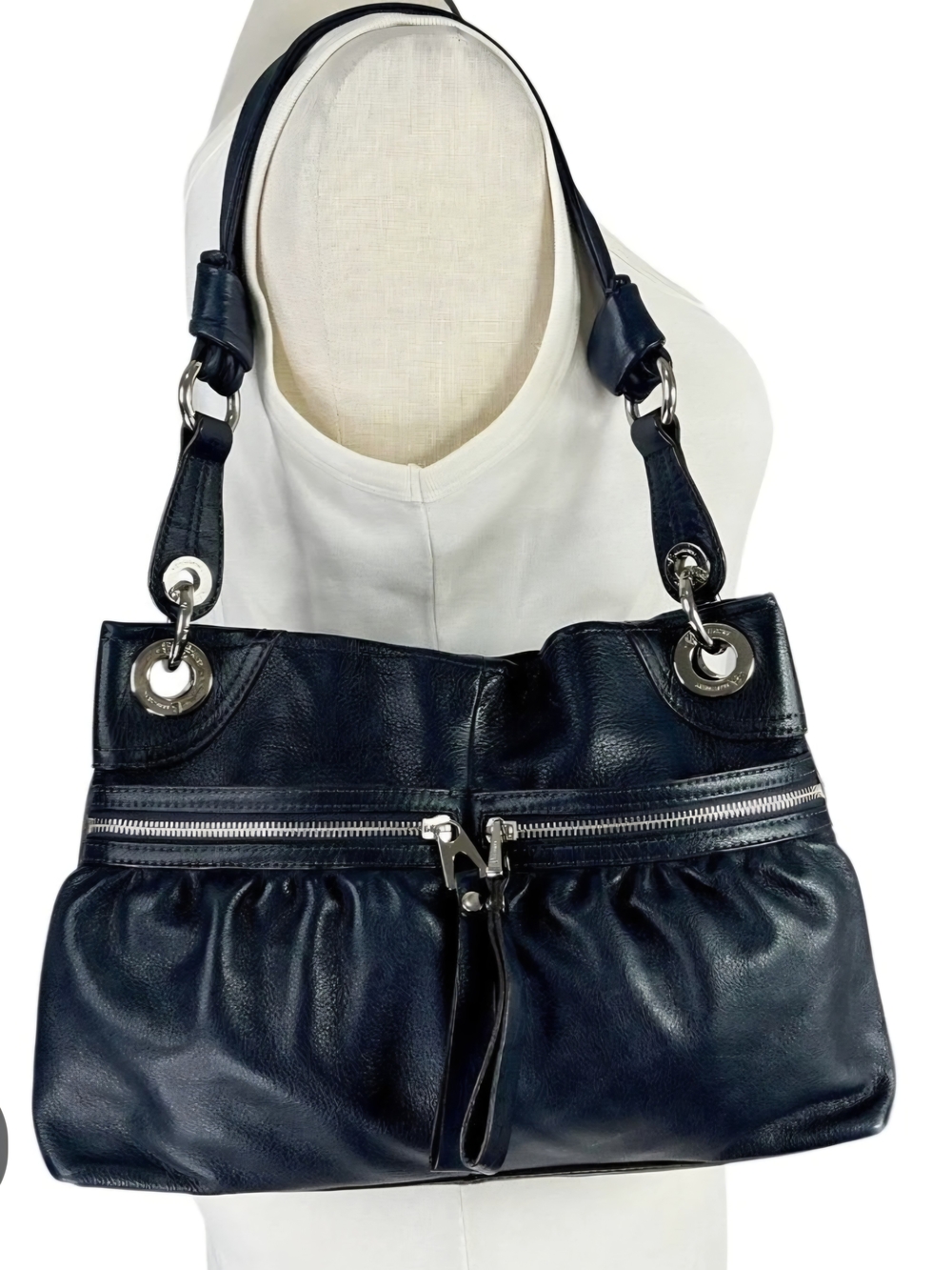 b. makowsky Navy Leather Shoulder Bag with Silver Hardware